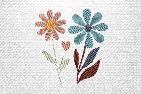 Blue and Peach Floral Embroidery Art